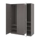 Option: An open grey IKEA PAX wardrobe with multiple compartments and shelves.