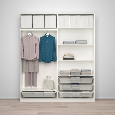 Sleek closet organizer with shirts, clothes, handbag, shelves, bins, compartments.