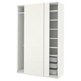 A white PAX wardrobe with sliding doors and internal storage shelves.