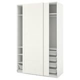 White PAX wardrobe with sliding doors, mesh baskets, and multiple shelves.