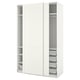 White PAX wardrobe with sliding doors, mesh baskets, and multiple shelves.