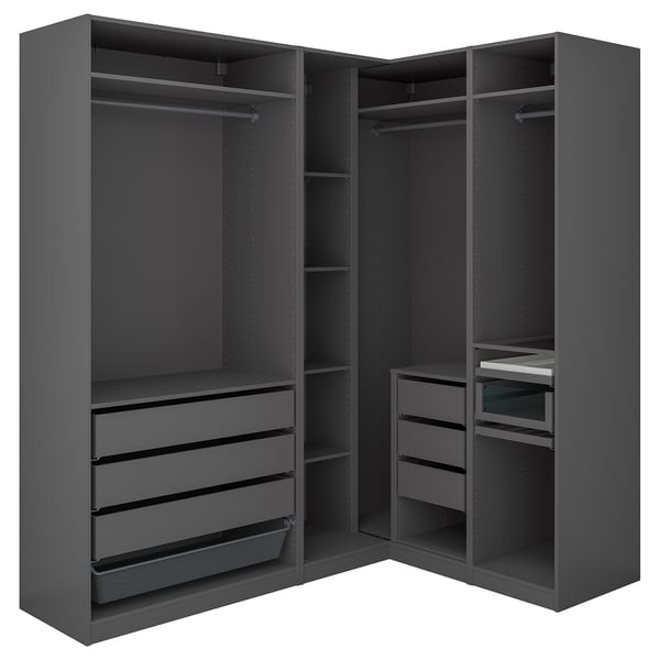 A grey corner wardrobe set, PAX, with shelves, drawers, and hangers for clothes storage.