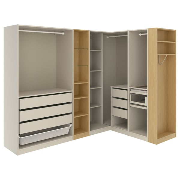 PAX Corner wardrobe, grey-beige grey-beige/oak effect, 231/196x201 cm