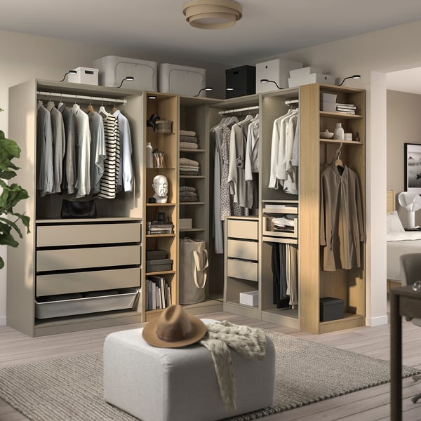 PAX Corner wardrobe, grey-beige grey-beige/oak effect, 231/196x201 cm
