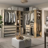 PAX Corner wardrobe, grey-beige grey-beige/oak effect, 231/196x201 cm