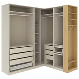 PAX Corner wardrobe, grey-beige/grey-beige oak veneer, 231/161x236 cm