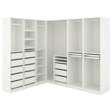 White PAX wardrobe set, modern, corner design with shelves, drawers, and hanging space.