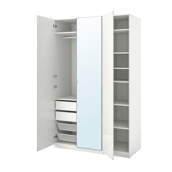 A white ikea PAX wardrobe with mirror doors and internal storage shelves.