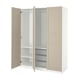 White ikea PAX wardrobe with beige doors, open showing wire shelves and mesh baskets.