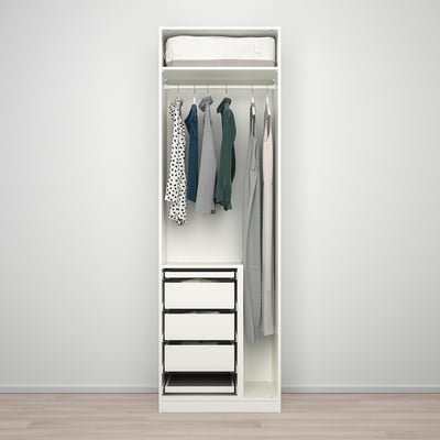 Narrow wardrobe with drawers, hangers, & shelves.
