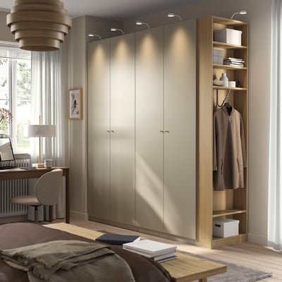 PAX / FORSAND Wardrobe combination, grey-beige grey-beige/oak effect, 220x60x236 cm