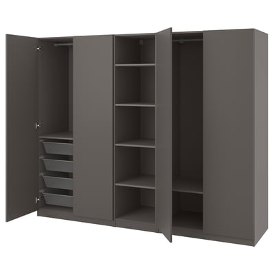 A gray PAX wardrobe with three doors open, revealing shelves and mesh drawers. The design is modern and functional for storage.