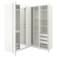 A white PAX corner wardrobe with mirrored and solid doors, offering ample storage space with shelves and drawers.
