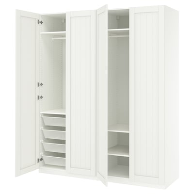 White PAX wardrobe with open doors, mesh baskets, and shelves.