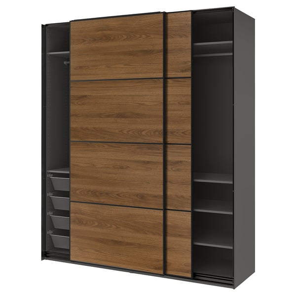 PAX / MEHAMN Wardrobe with sliding doors, dark grey black/double sided walnut, 200x66x236 cm