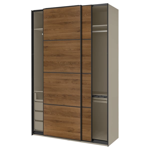 PAX / MEHAMN Wardrobe with sliding doors, grey-beige black/double sided walnut, 150x66x236 cm