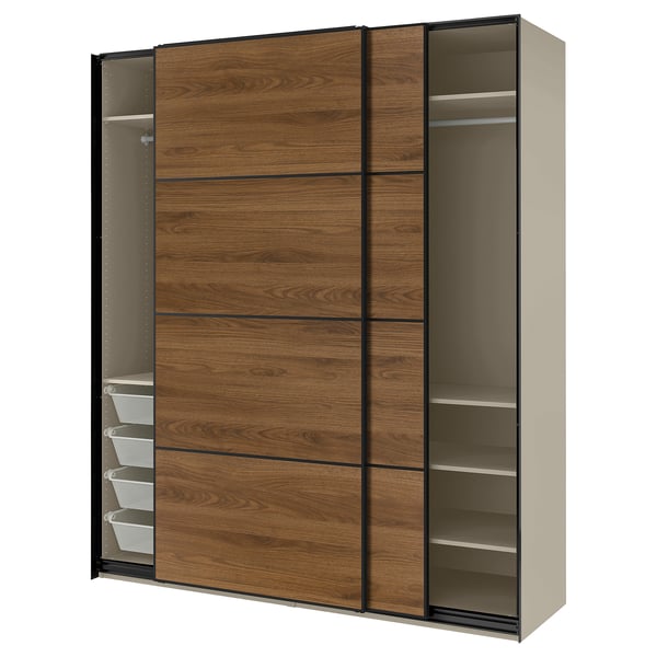 PAX / MEHAMN Wardrobe with sliding doors, grey-beige black/double sided walnut, 200x66x236 cm