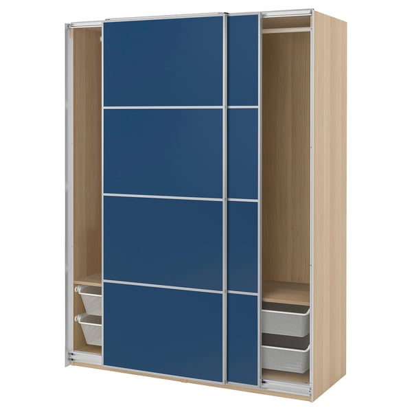 PAX / MEHAMN Wardrobe with sliding doors, white stained oak effect aluminium/walnut effect blue, 150x66x201 cm