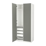 An open PAX wardrobe in light blue, featuring drawers and shelves.