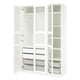 White PAX wardrobe with glass doors. It has shelves and drawers for storage.