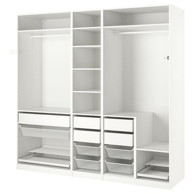 White PAX wardrobe, modern design with shelves, drawers, and metal mesh baskets for storage.
