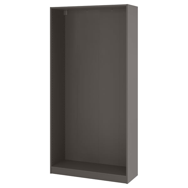 Gray PAX wardrobe frame. Minimalist design, rectangular shape. No doors, shows empty interior. Ideal for limited space.
