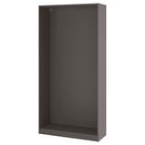 Gray PAX wardrobe frame. Minimalist design, rectangular shape. No doors, shows empty interior. Ideal for limited space.