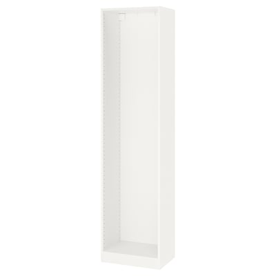 A white PAX wardrobe frame. It is tall and rectangular with a plain design, suitable for organizing clothes in limited spaces.