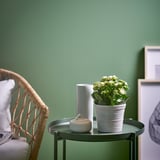 A round side table with a potted plant, a white vase, and a small ceramic jar. The wall is green.