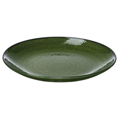 Large forest-green ceramic plate with glossy finish and darker rim.