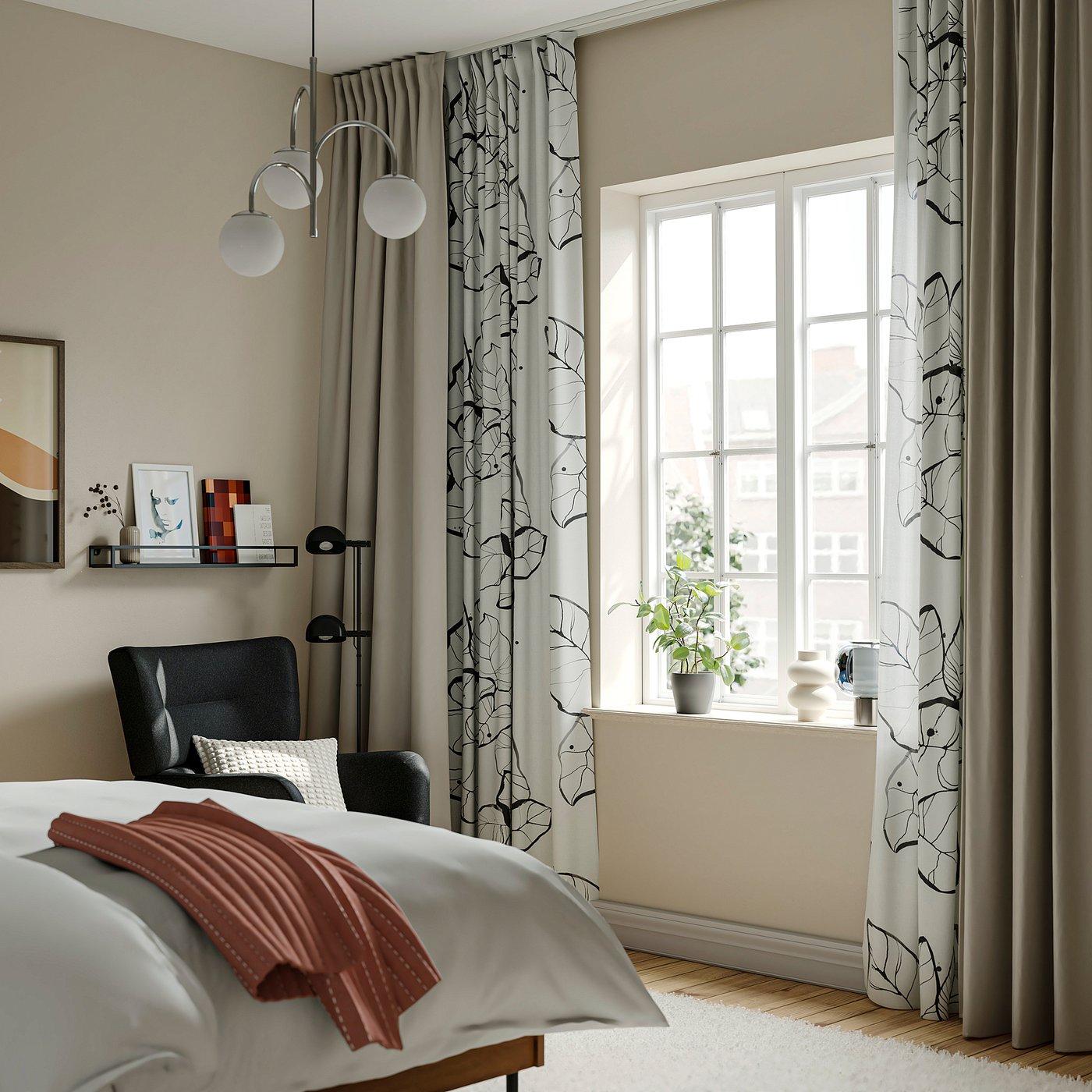 PELARKÖRSBÄR Curtains, 1 pair, white/black floral pattern/with heading tape, 145x280 cm