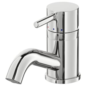 Polished chrome tap, modern design, round body, long curved spout.