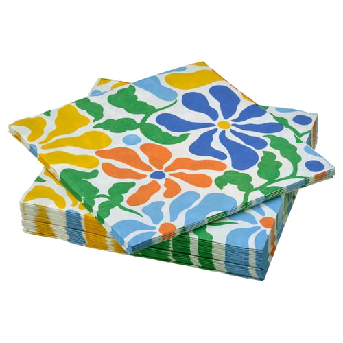 Colourful PILLERSTARR flowered napkins in yellow, green, blue, and orange. Square, two-ply, neatly stacked for homes, picnics, or trips.
