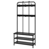 PINNIG coat rack, black, metal & wood, l-shape, hooks, bench, shoe shelf.