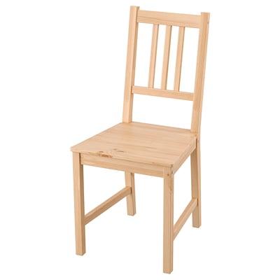 Light brown wooden chair, vertical slat back, simple design, solid pine, ideal for small spaces.