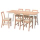 A white and light wood dining set, including a rectangular table and four matching chairs with beige cushions.