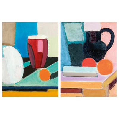 Two abstract canvases, PJÄTTERYD, bright colors, geometric shapes, deep frames.