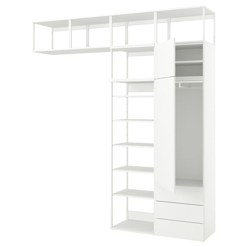 White PLATSA storage with shelves and hanging section, metal and particleboard materials.