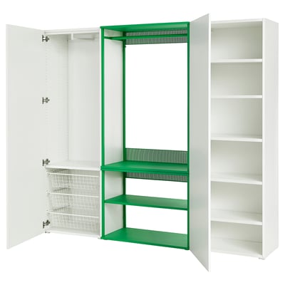 This image shows a white PLATSA wardrobe with green interior shelves and a wire basket. It open doors, revealing adjustable shelves and hanging space.