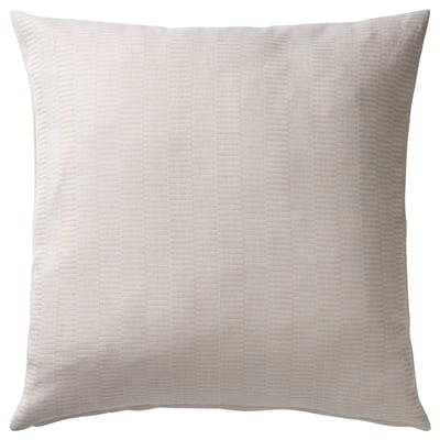 PLOMMONROS beige cushion; square, pure cotton, subtle stripe weave, zip closure.