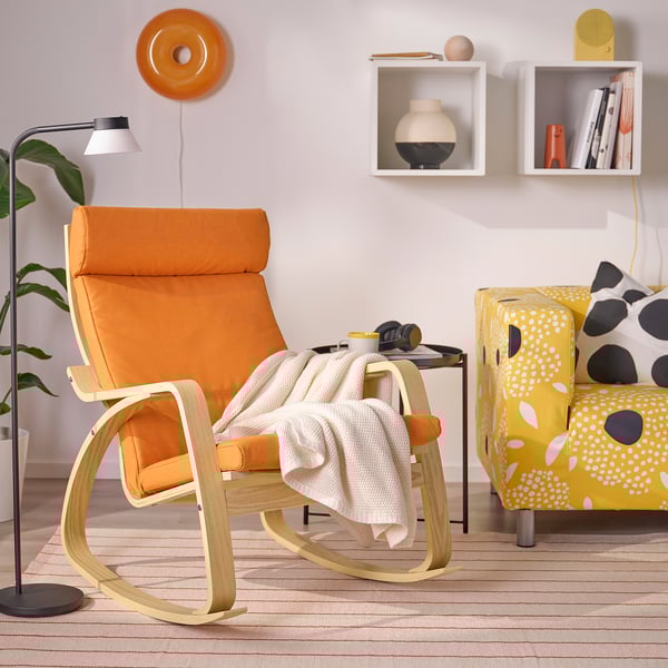POÄNG Rocking-chair, white stained oak veneer/Knisa bright orange