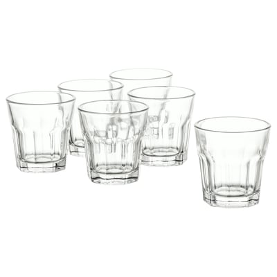 Six clear glasses with ridged design, arranged in two rows of three, perfect for various drinks.