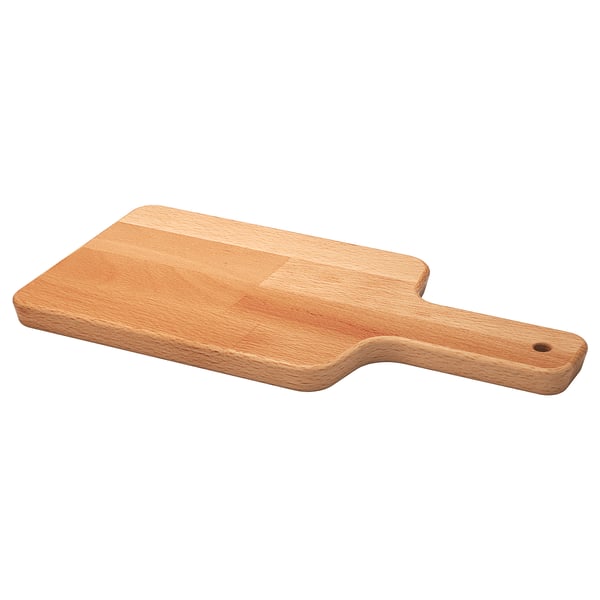 A light brown, rectangular wooden cutting board with a handle, designed for durability and ease of use.