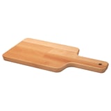 A light brown, rectangular wooden cutting board with a handle, designed for durability and ease of use.