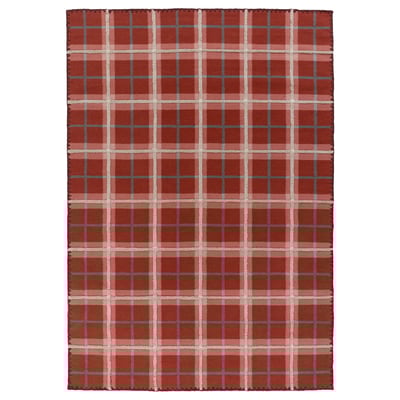 Red wool tartan check rug, handwoven.