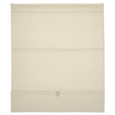 Beige roman blind, linen look, cordless, adjustable, safe, and sustainable.