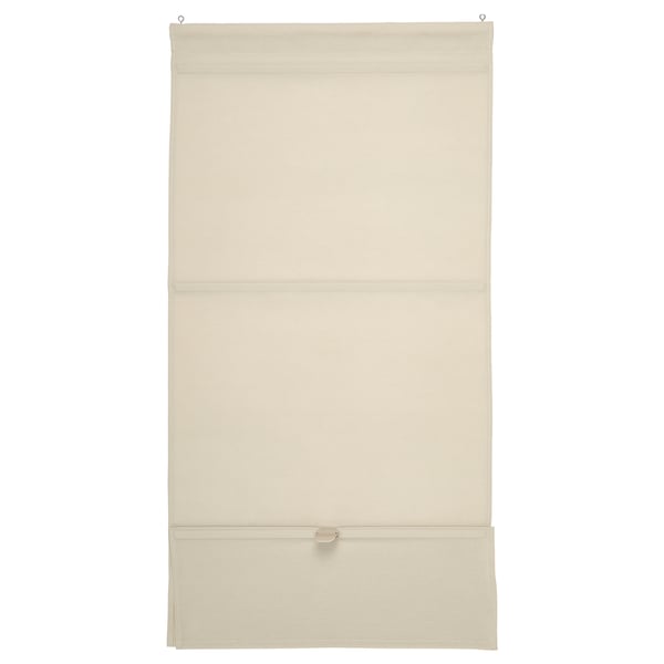 Beige RINGBLOMMA roman blind with linen look, cordless, beige fabric, rectangular shape, raised by magnets.