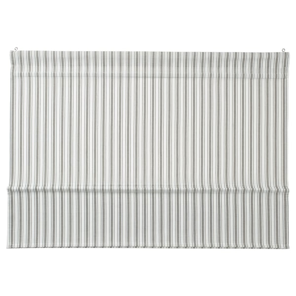 Striped, green and white window blind. Made from recycled polyester. A slot heading and cordless design for safety.