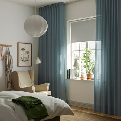 RITVA Curtains with tie-backs, 1 pair, grey-blue/with heading tape, 145x280 cm