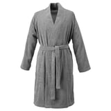 A gray, terry cotton bathrobe named ROCKÅN, designed for comfort with adjustable belt loops, side pockets, and diagonal sleeve seams.